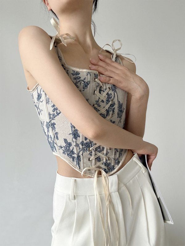 Vintage Tie-Shoulder Jacquard Corset, Blue and White Marble Pattern, Lace Trim - 图片 2